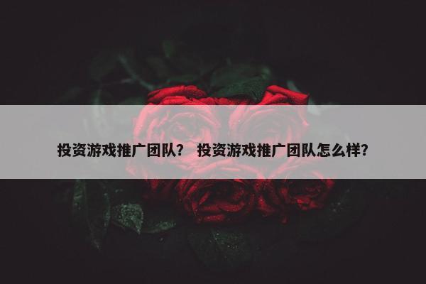投资游戏推广团队？ 投资游戏推广团队怎么样？